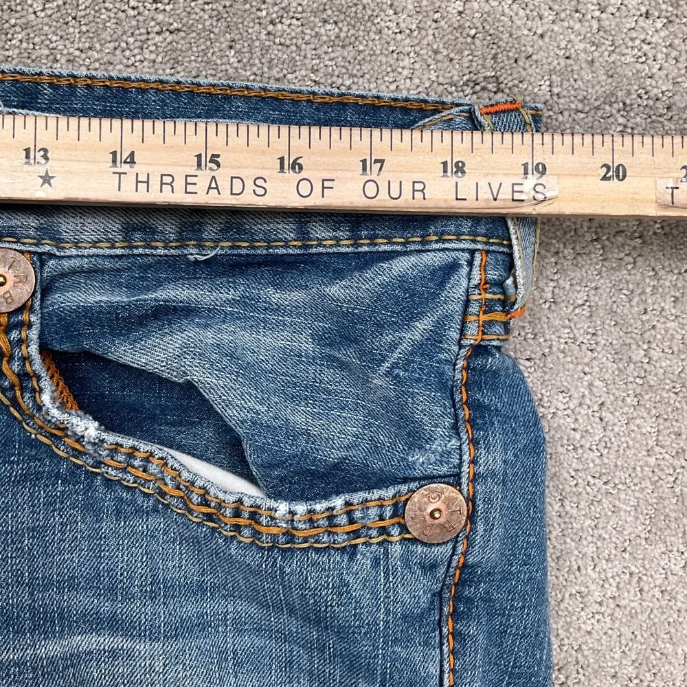 True Religion‎ Jeans Men 38W 32L Blue Distressed Denim Orange Stitching USA